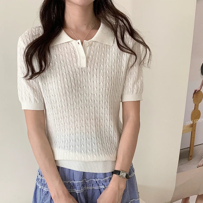 WinvyNee Women Cotton T-shirt Summer Short Sleeve Blue Solid Slim Fit Y2k Polo Collar Casual Pullovers Clothing Basic ZA1523009