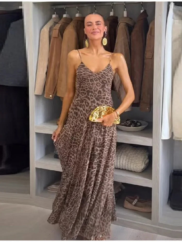 Vintage Chic Leopard Printed Sling Vestido Women Casual Backless Pleated Loose Fit Fold Spaghetti Strap Dress Vacation Beachwear