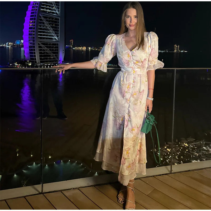 Print Chiffon Long Dress Women V Neck Half Sleeves High Waist Ruffles Belts Split Robe Female 2026 Summer Chic Vacation Dresses