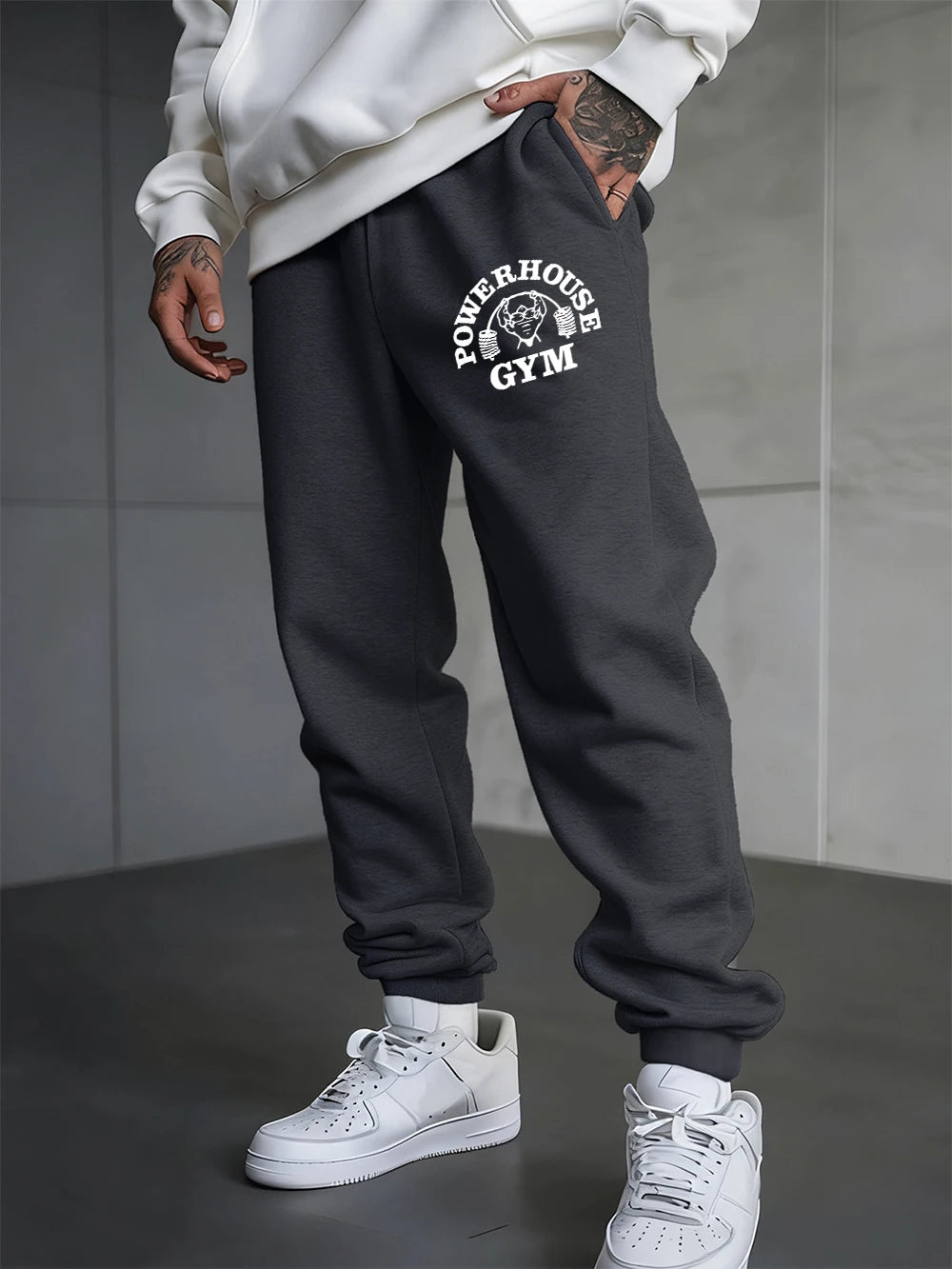 Powerhouse Gym Letter Printed Sweatpants Men'S Basics Trousers Elastic Waist Loose Pocket Pants Casual Fleece Warm Men Clothing