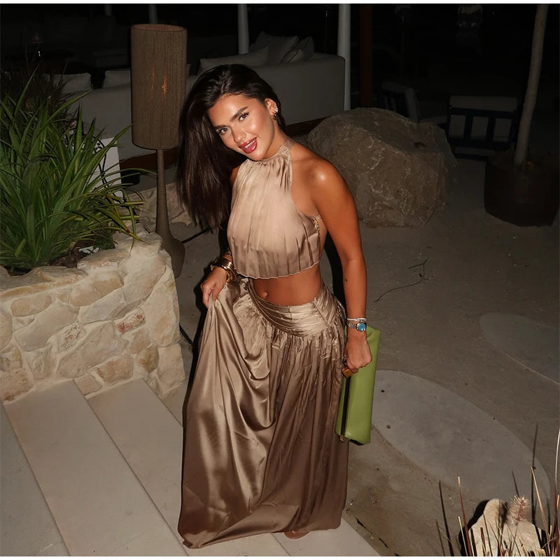 Luxury Women's Maxi Skirts Set Halter Neck Open Back Crop Top High Waist Flowy Long Skirt Elegant Formal Evening Party Outfit