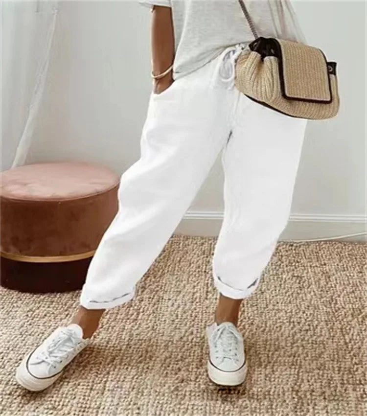 Women Blend Wide Leg Harem Pants Summer Fashion Elastic Waist Pocket Solid Ankle Trousers S-5XL Oversized LRFZ-911