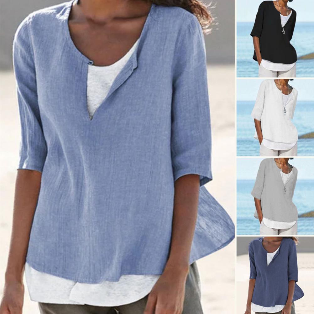 Summer Women's Clothes Casual V-neck Short Sleeves Tops Loose Ladies Cotton Linen T Shirts Tee 4XL