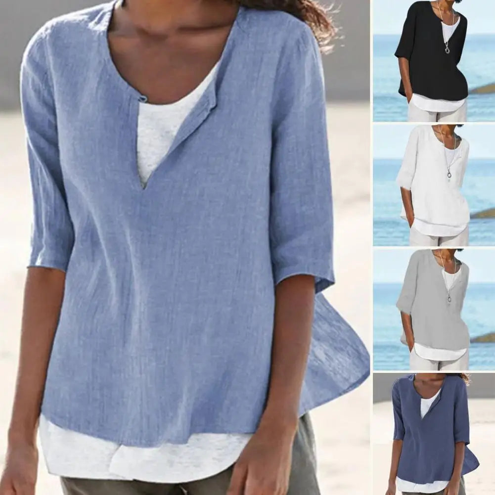 Summer Women's Clothes Casual V-neck Short Sleeves Tops Loose Ladies Cotton Linen T Shirts Tee 4XL