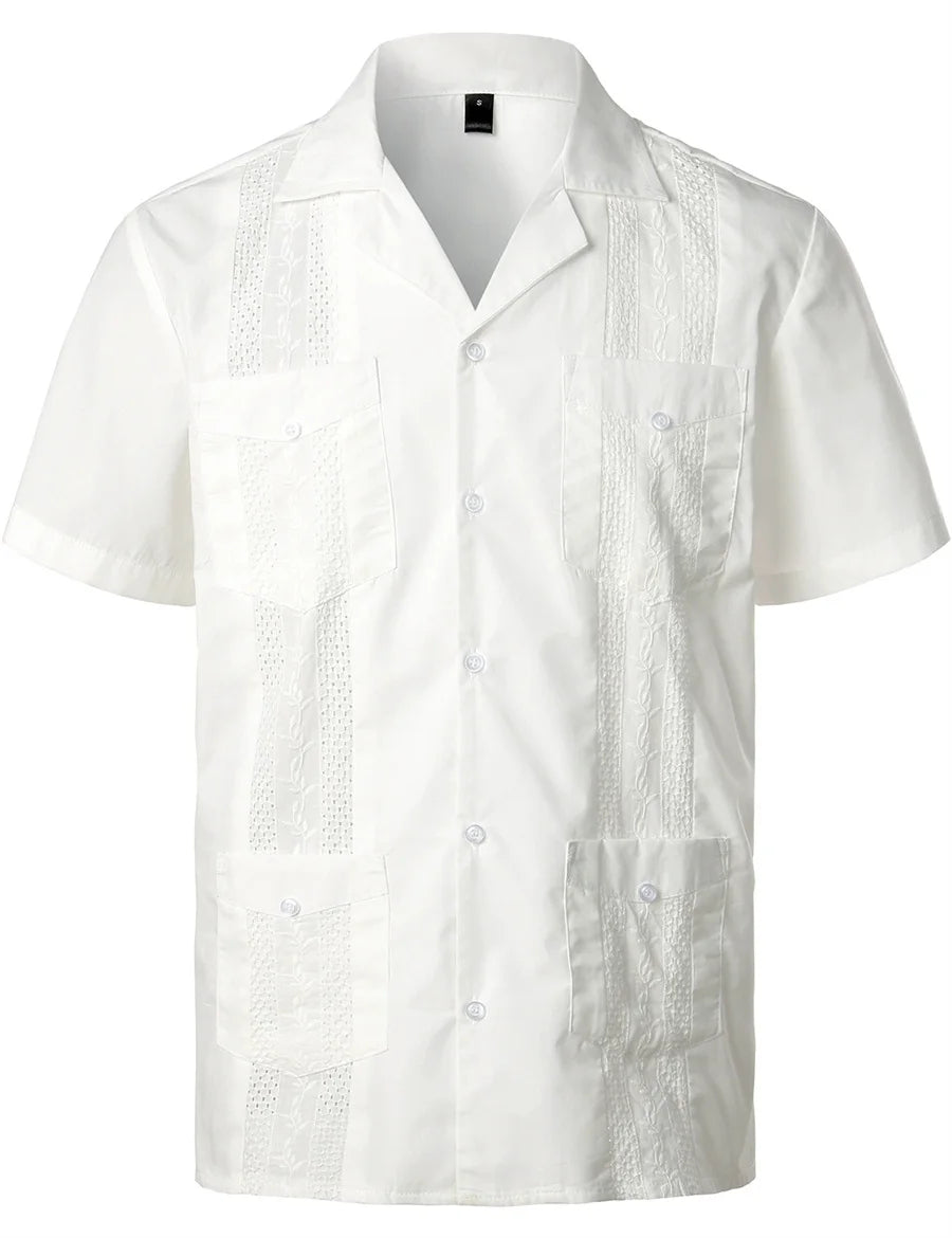 Mideast Men's Guayabera Shirts Four Pockets Embroidered Short Sleeve Shirts Summer Men Mexican Cuban Button Shirt