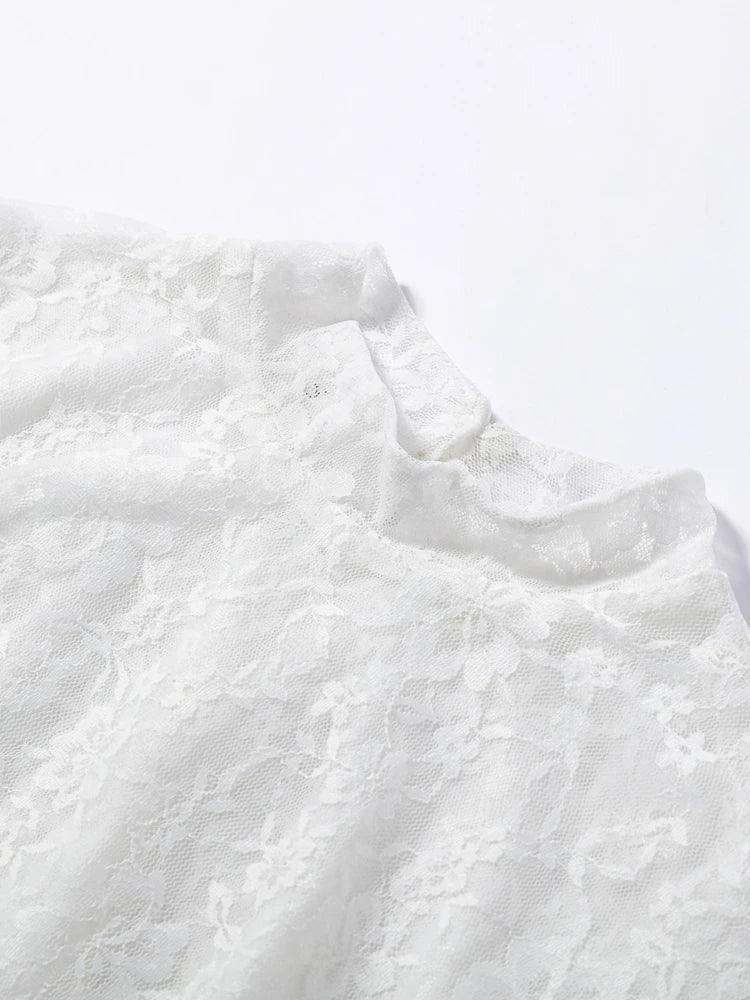 Women Lace Two Piece Set Sheer Top High Neck Blouse Cape Sleeve Cropped High Waist Pants See-Through Flared Trousers Summer Wear
