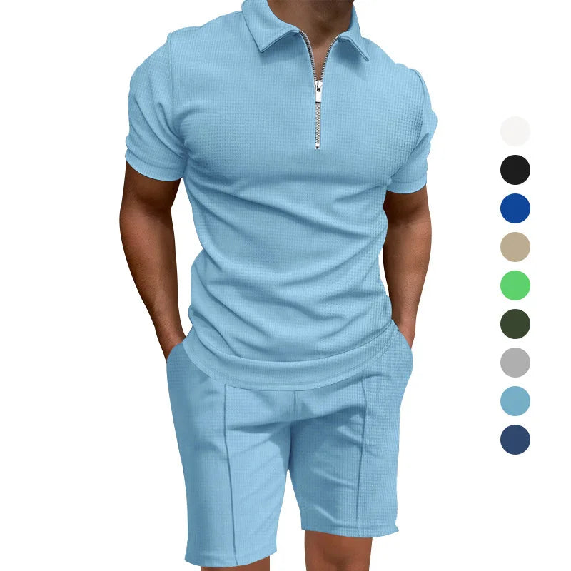 2024 Men's summer suits solid color waffle lapel slim-fit short sleevett-shirt casual fashion men's clothing free shipping