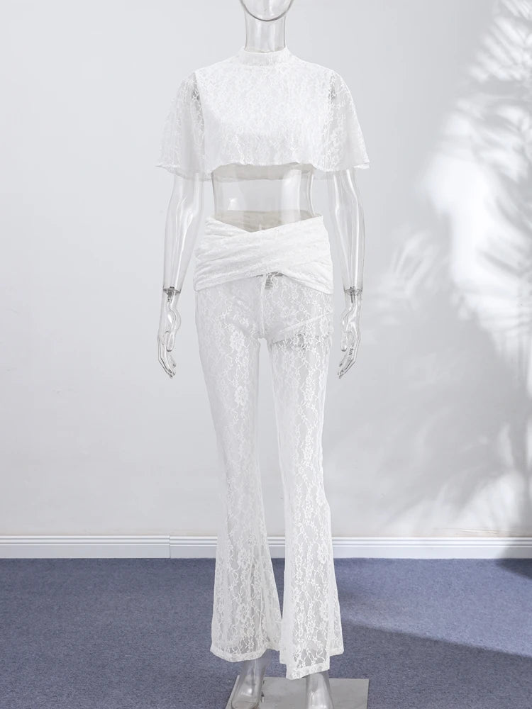 Women Lace Two Piece Set Sheer Top High Neck Blouse Cape Sleeve Cropped High Waist Pants See-Through Flared Trousers Summer Wear