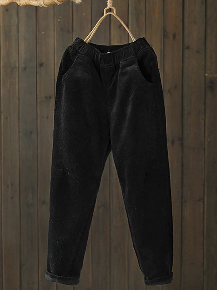 Johnature Corduroy Pants For Women Elastic Waist Solid Color Trouser 2025 Spring New  Women Cloths Pockets Casual Pants