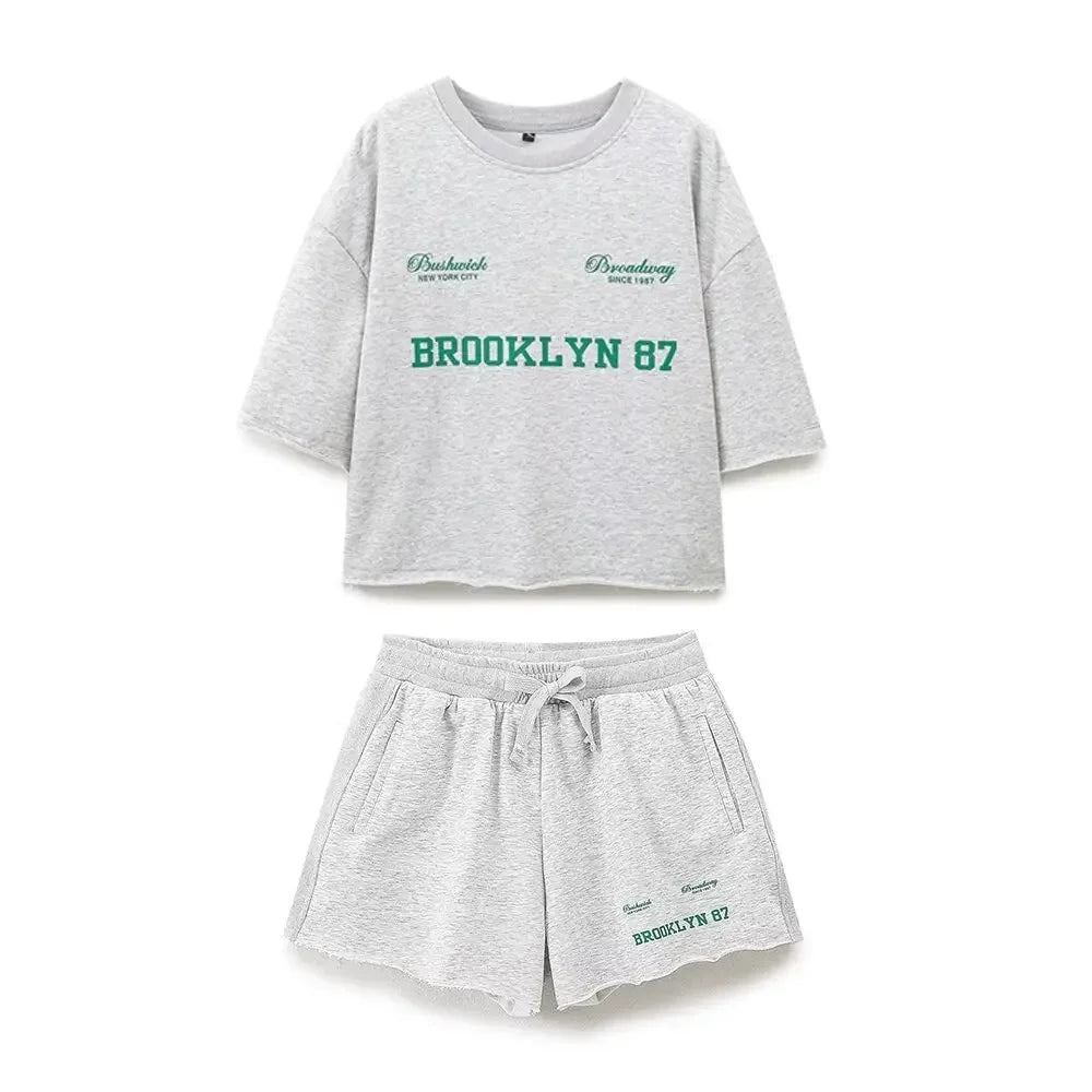 Plush Ensemble Femme 2 Piece COTTON Short Sets for Women Two Colors Text Print O-neck Sweatshirts + Mid Elastic Waistband Shorts