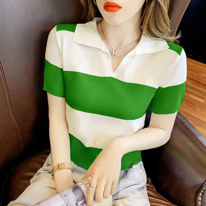 Female Polo Neck Tee Shirts Luxury Short Sleeve Fitted T Shirt High Quality Pullover Good Xxl Top Original Knitted Y2k Striped