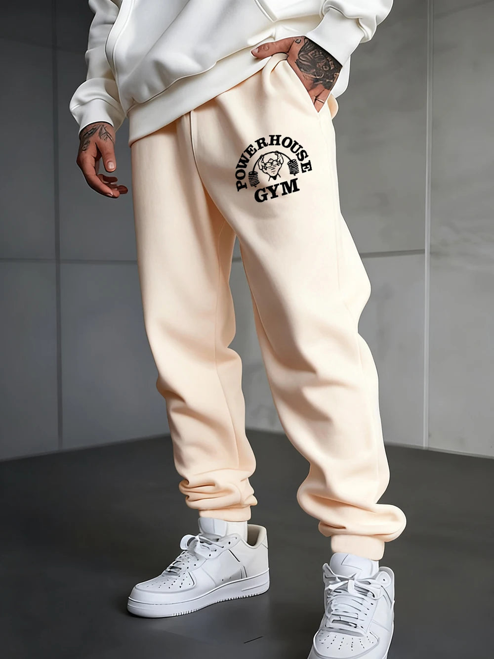Powerhouse Gym Letter Printed Sweatpants Men'S Basics Trousers Elastic Waist Loose Pocket Pants Casual Fleece Warm Men Clothing