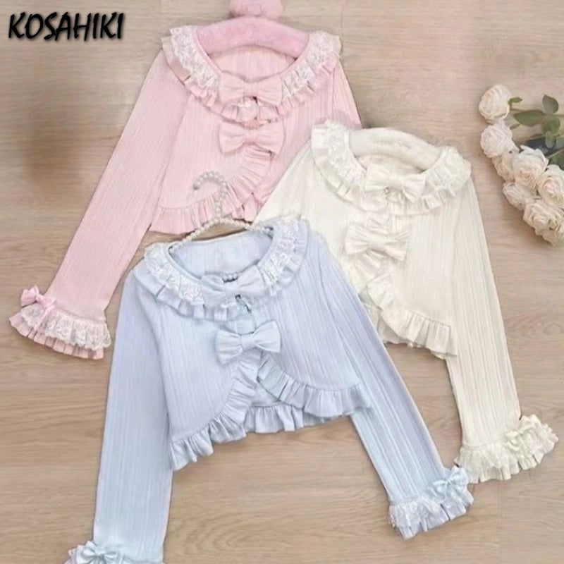 Japanese Women Knitted Sweet Bow Cardigan Sun Protection Lace Patchwork Lolita Crop Tops Y2k Aesthetic Flare Sleeve Grunge Coat