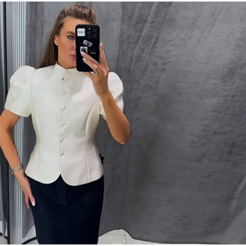 2026 Spring Summer Short Puff Sleeve Frog Button Shirt For Women Stand Collar  Single Breasted Blouse Lady Chic Street Party Top