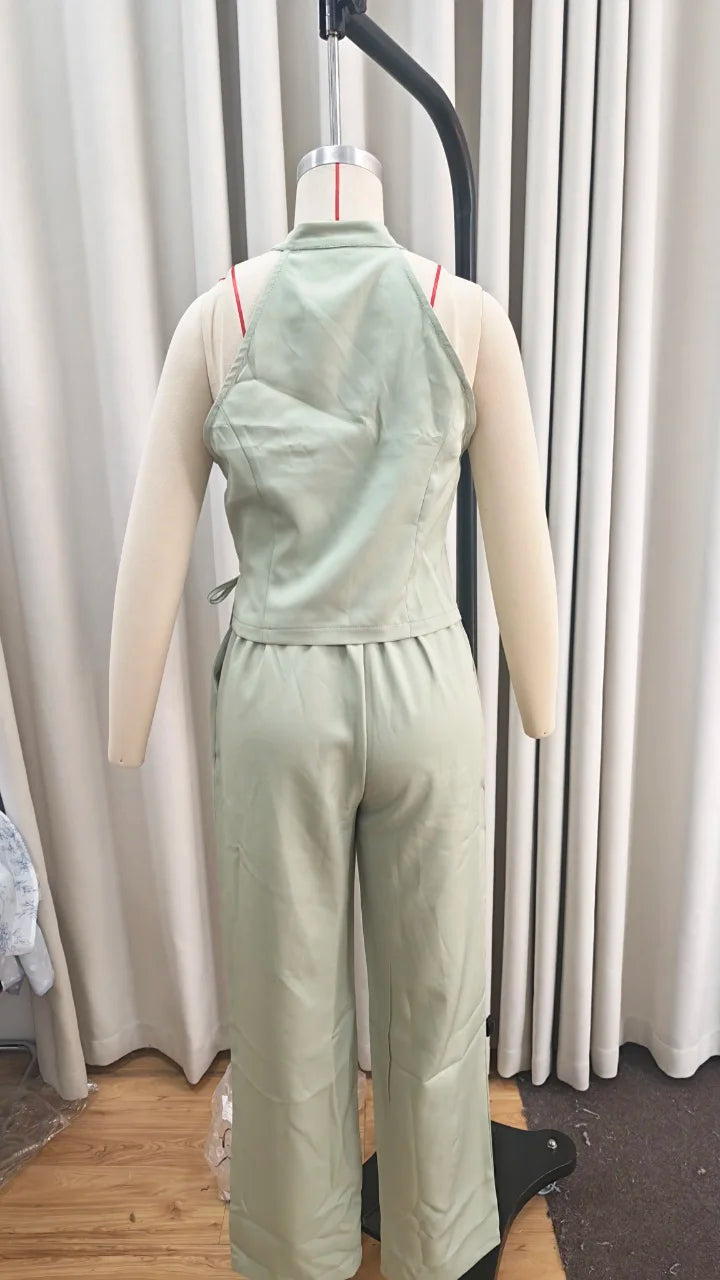 Women Green Bowknot Wide-leg Pant Suits Chic Solid Sleeveless Lace Up Slim Fit Long Pant Sets 2026 Lady Daily Street Outfits New
