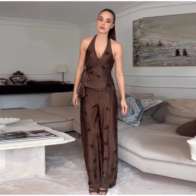 Sequin Embroidered Halter V-Neck Wrap Top & Wide Leg Pants Set 2026 Summer Chic Elegant Women Vocation Casual Two Piece Outfit