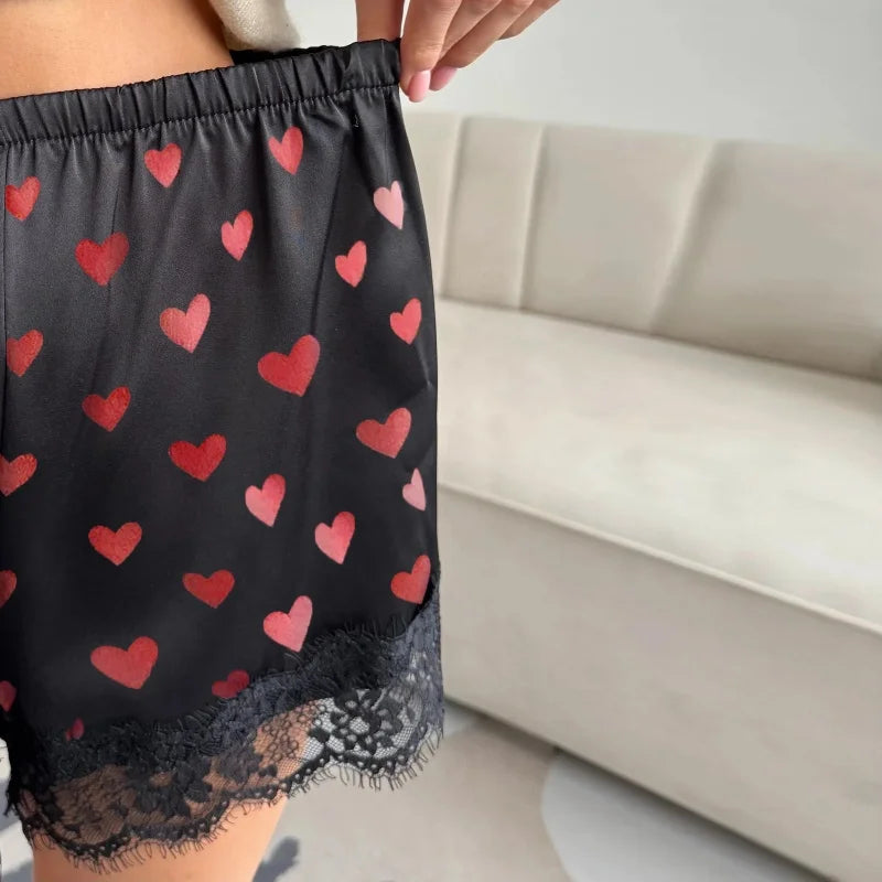 Women Heart Print Lace Satin Shorts Silk Y2k Elastic Waist Mini Shorts Coquette Aesthetic Boxer Slip Pettipants French Knickers