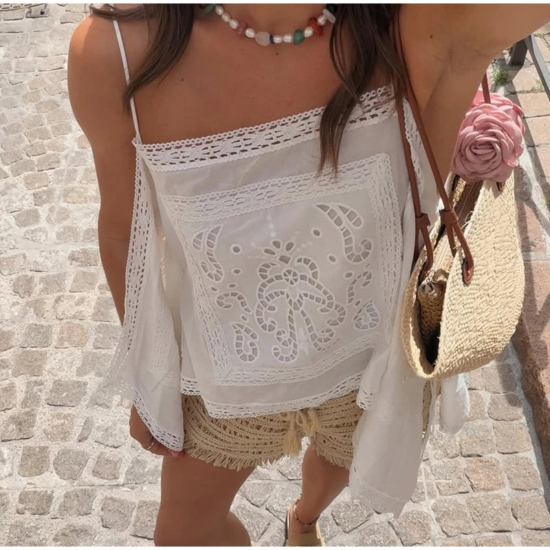 Women's Embroidery Vest Top Vintage Hollow Out Crew Neck Sleeveless Side Split Tank Summer Party Club Daily Matching Streetwear