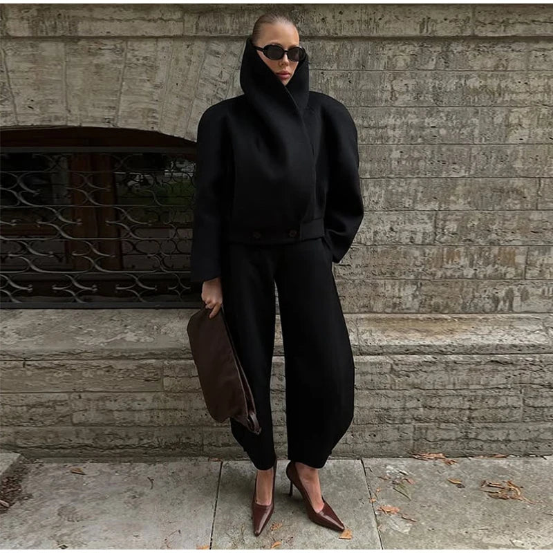 Black Stand Collar Woolen Coats Women's High Street Buttons Full Sleeve Short Overcoats 2026 Spring New Female Solid Outwear