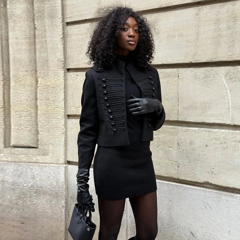 Elegant Long Sleeve Stand Collar Coats 2026 Spring New Retro Military Breasted Jacket For Women Lady High Street Chic Outerwear