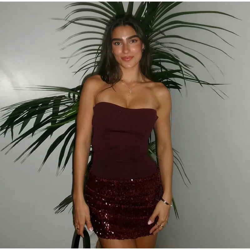 Sequins Splicing Strapless Dress Women Sexy Sleeveless Backless Bodycon Short Party Dresses 2026 Chic Lady Christmas Gowns