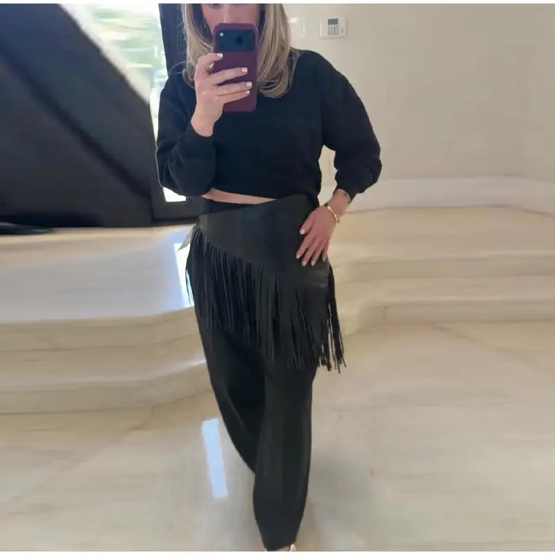 Tassel Leather Corset Belt Accessory Women's Solid High Street Fringe Scarf Belt 2026 Spring Summer Edgy Chic All-match Outfit