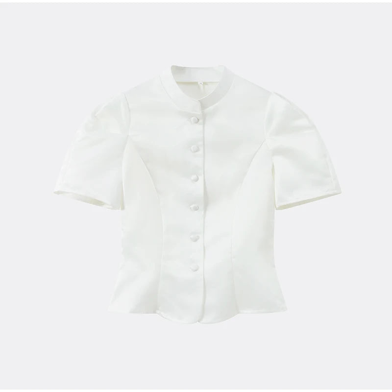 Chic White Lantern Sleeve Shirt Women Solid Stand Collar Stand Collar Slim Shirts Lady Casual Tops Commute Outwear 2026 New