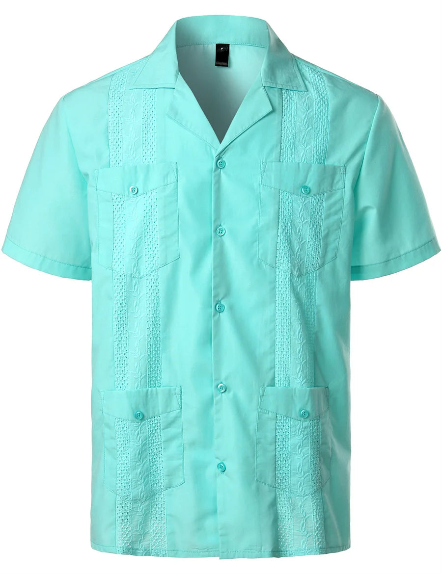 Mideast Men's Guayabera Shirts Four Pockets Embroidered Short Sleeve Shirts Summer Men Mexican Cuban Button Shirt