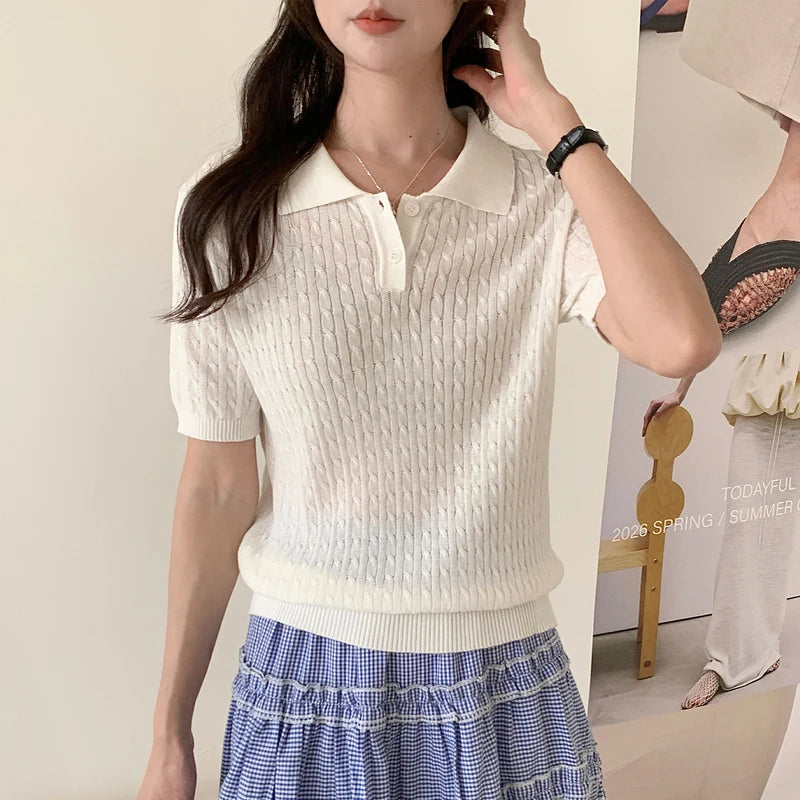 WinvyNee Women Cotton T-shirt Summer Short Sleeve Blue Solid Slim Fit Y2k Polo Collar Casual Pullovers Clothing Basic ZA1523009