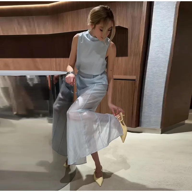 Casual Yellow Top Long Skirts Sets Women Sleeveless Lace Up Tops Straight Slit Skirt 2026 Summer Holiday Street Lady Solid Suits