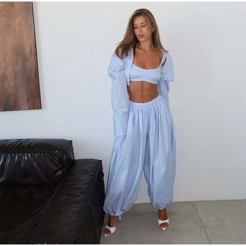 Casual Drop Waist Lantern Pant 3 Pieces Suit Women Stripe Long Sleeves Lapel Loose Shirt Sets 2026 Lady Daily Street Wears New