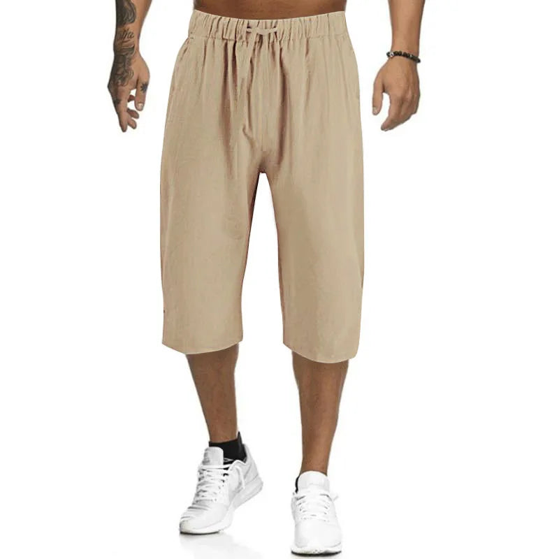 2024Summer Muscle Men's New Loose Solid Color Breathable Casual Sports Business High Street Fashionable Cropped Pants