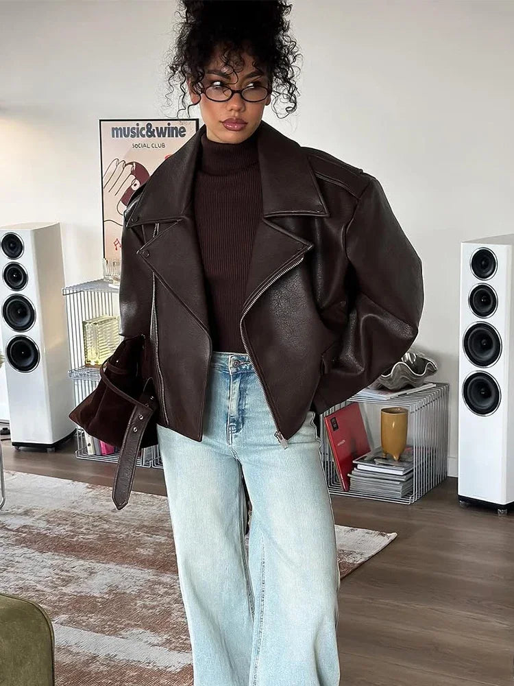 Women's Dark Red Zipper Leather Short Jackets Chic Long Sleeve Lace Up Lapel Loose Button Coat Lady Daily High Street Wear 2025