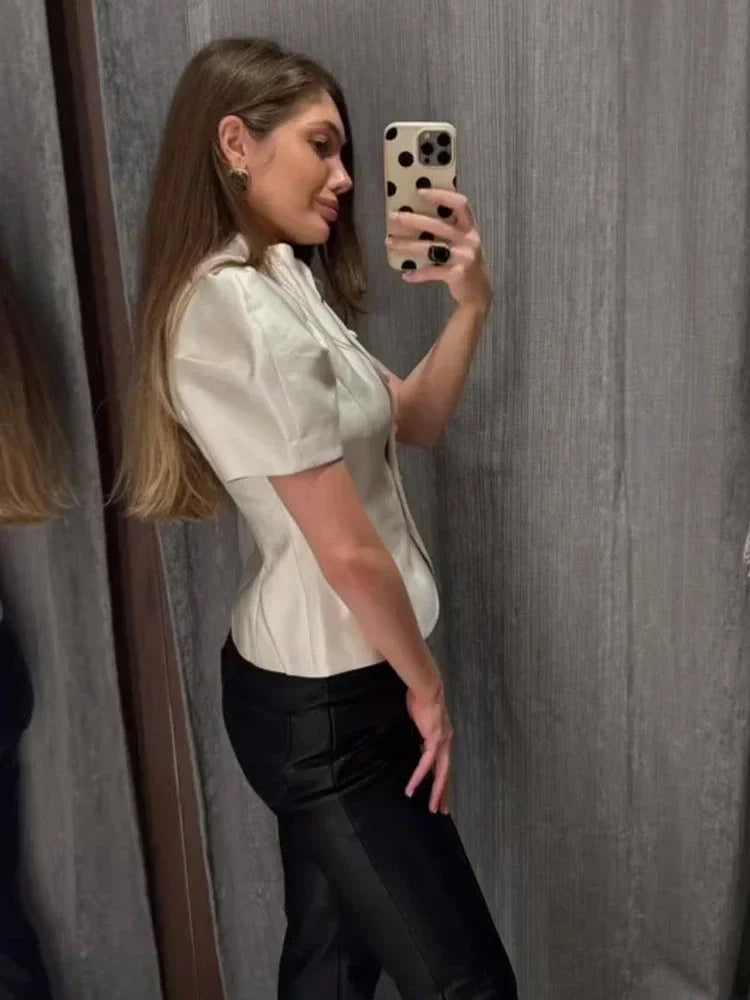 Chic White Lantern Sleeve Shirt Women Solid Stand Collar Stand Collar Slim Shirts Lady Casual Tops Commute Outwear 2026 New
