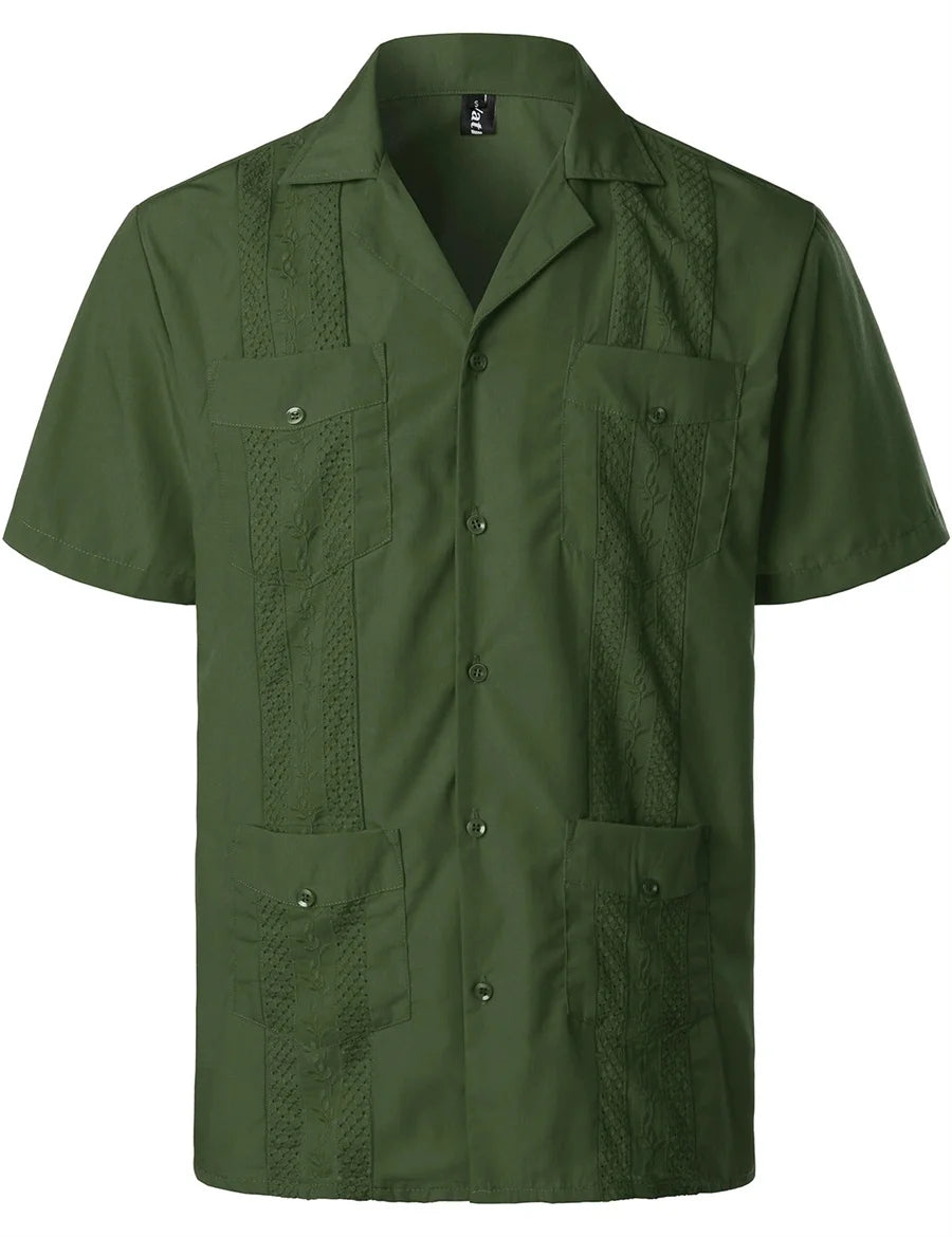 Mideast Men's Guayabera Shirts Four Pockets Embroidered Short Sleeve Shirts Summer Men Mexican Cuban Button Shirt