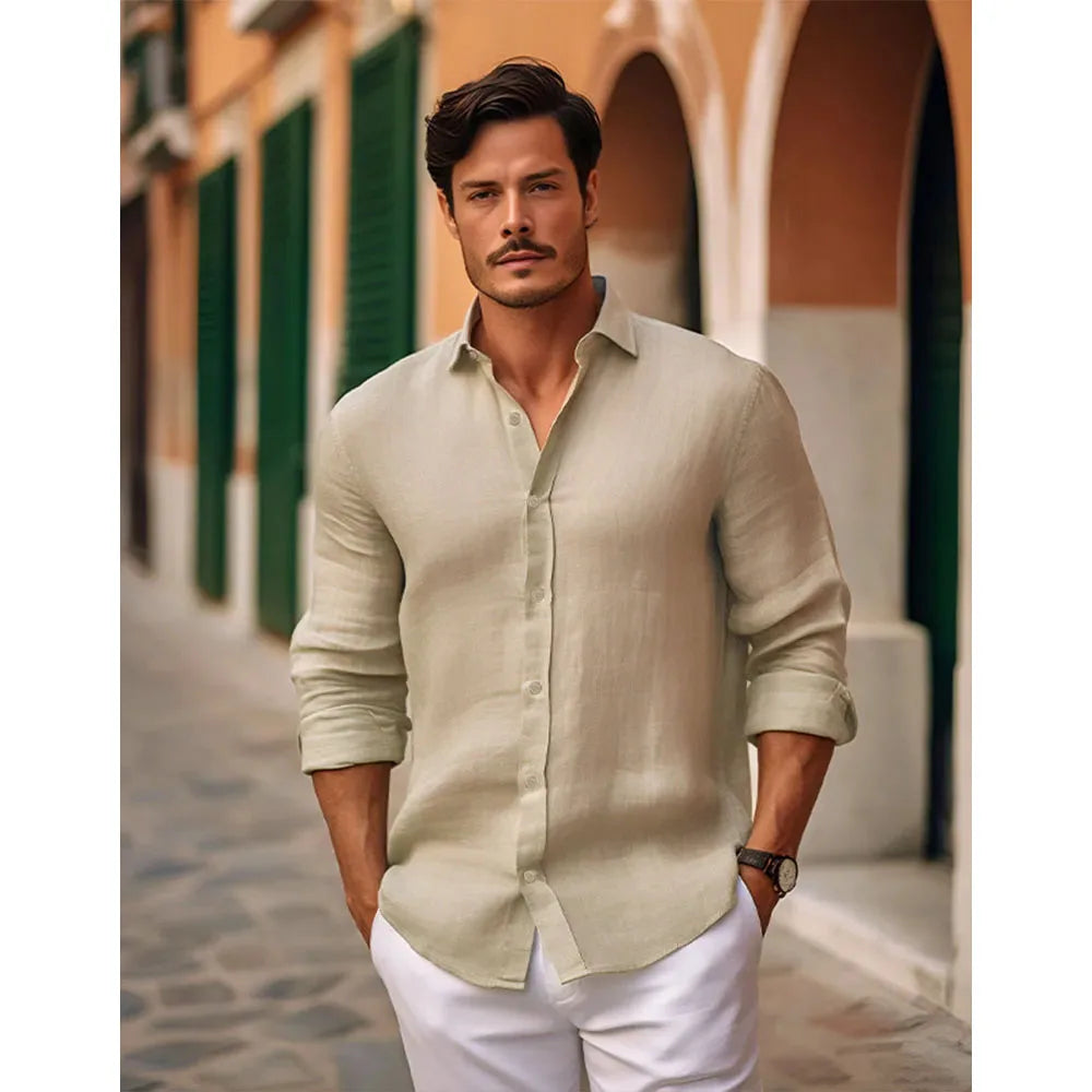Men's Slim Fit Long-Sleeve Cotton Linen Shirts for Men Business Casual Button Down Shirt Lightweight Breathable Shirts