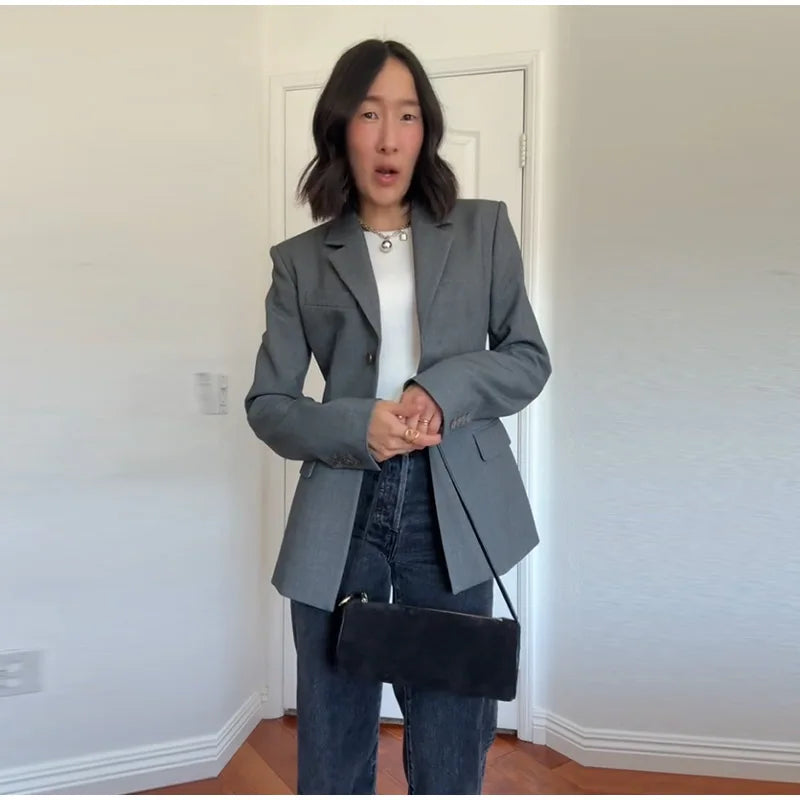 2026 Spring New Solid Lapel Blazer Jacket For Women Elegant Long Sleeve Waist Suit Coats Office Lady Chic Commute Tops