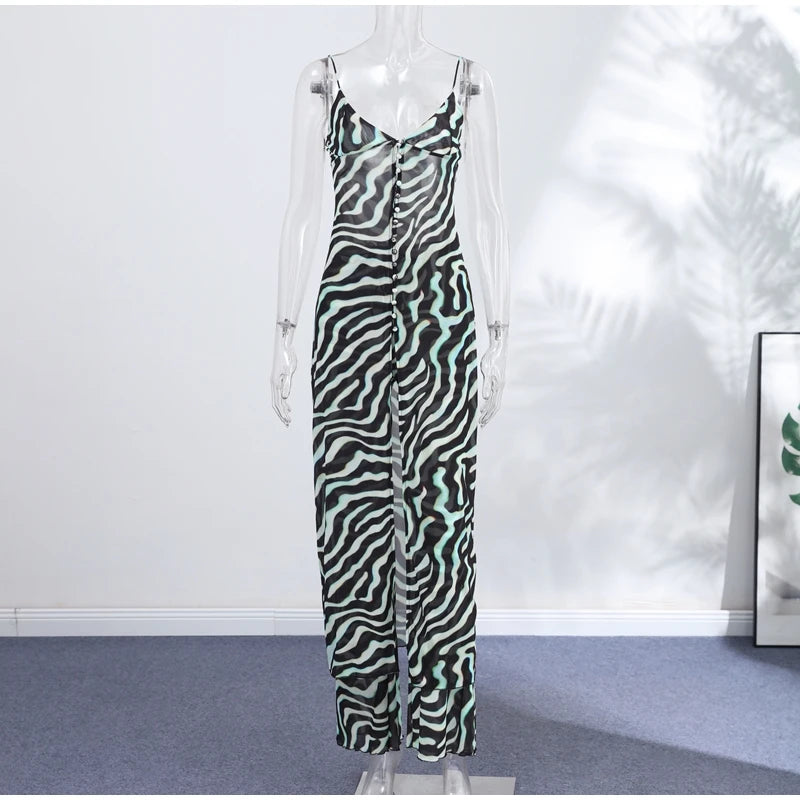 Women's Zebra Print Pants Set Casual V-neck Button Flowy Maxi Slip Top & Wide-leg Pants Lady 2026 Chic Beach Vacation Outfits