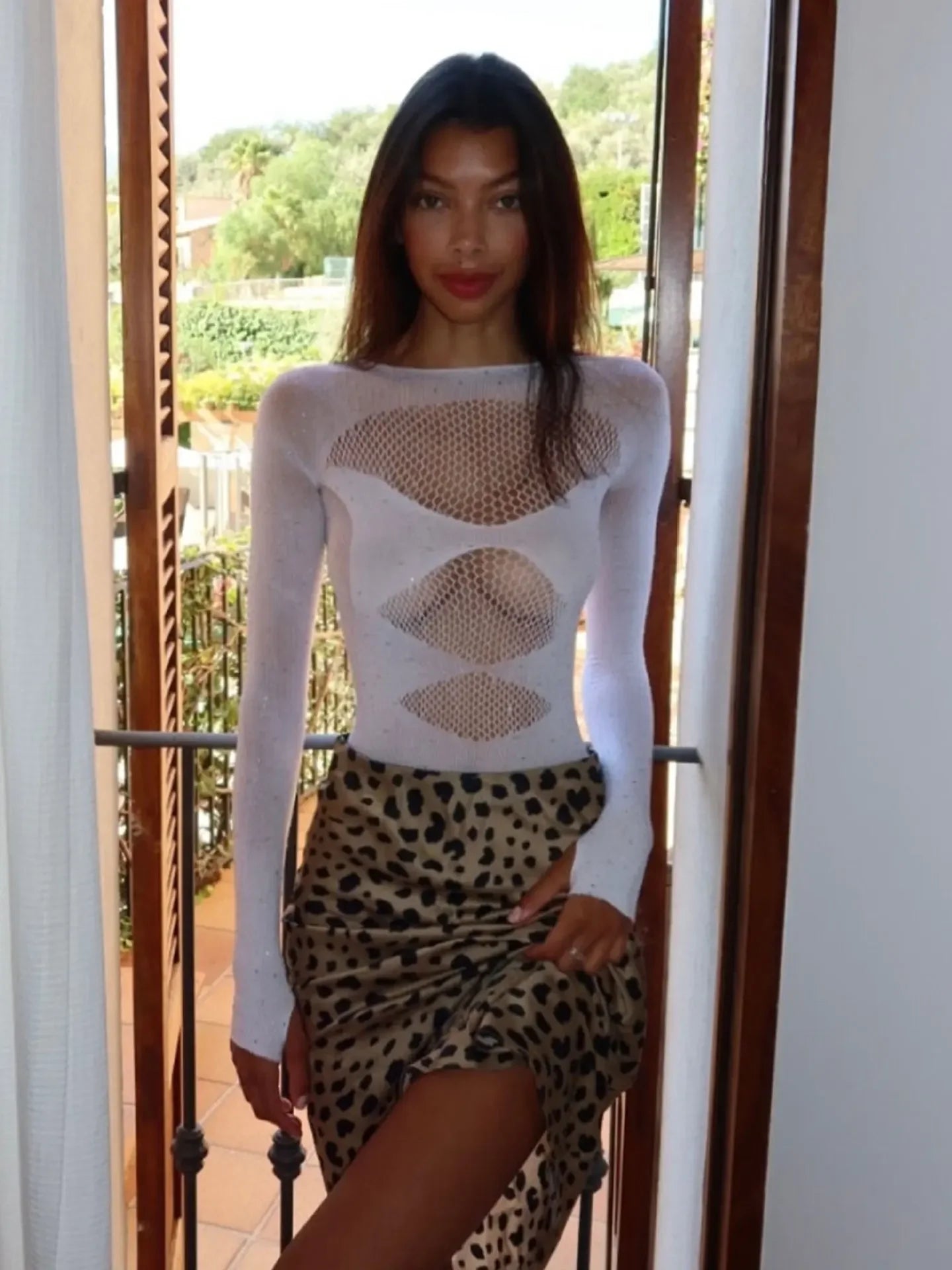 Sexy Tight Fishnet Short Bodysuit Women Solid Hollow-out Full Sleeve Sequin Versatile Bodysuits Spring Fashionable Daily Wear