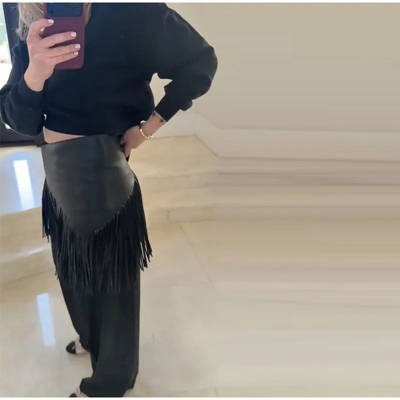 Tassel Leather Corset Belt Accessory Women's Solid High Street Fringe Scarf Belt 2026 Spring Summer Edgy Chic All-match Outfit