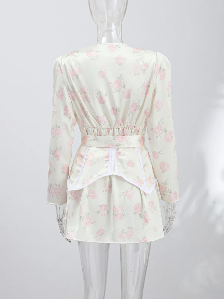Print  Dress Women's Floral Satin Mini Dress Deep V-Neck Puff Sleeves Peplum Waistband Two-Piece Party Dresses Woman Clothes