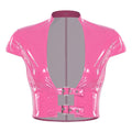 Womens Wet Look PU Leather Latex Crop Top Open Front with Adjustable Buckles Cap Sleeve Crop Corset Glossy Rave Disco Clubwear