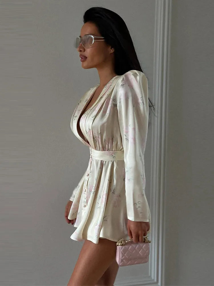 Print  Dress Women's Floral Satin Mini Dress Deep V-Neck Puff Sleeves Peplum Waistband Two-Piece Party Dresses Woman Clothes