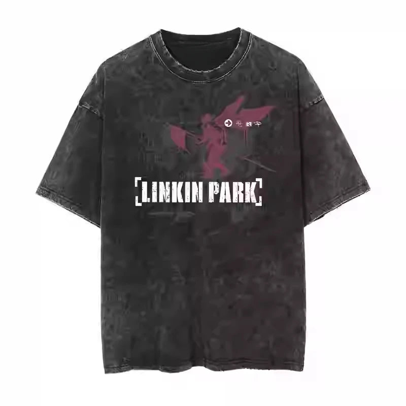 2025 New Retro and Old Washed Short-sleeved Lincoln Park Rock Band Printed T-shirt Couple Loose and Comfortable Men's Clothing