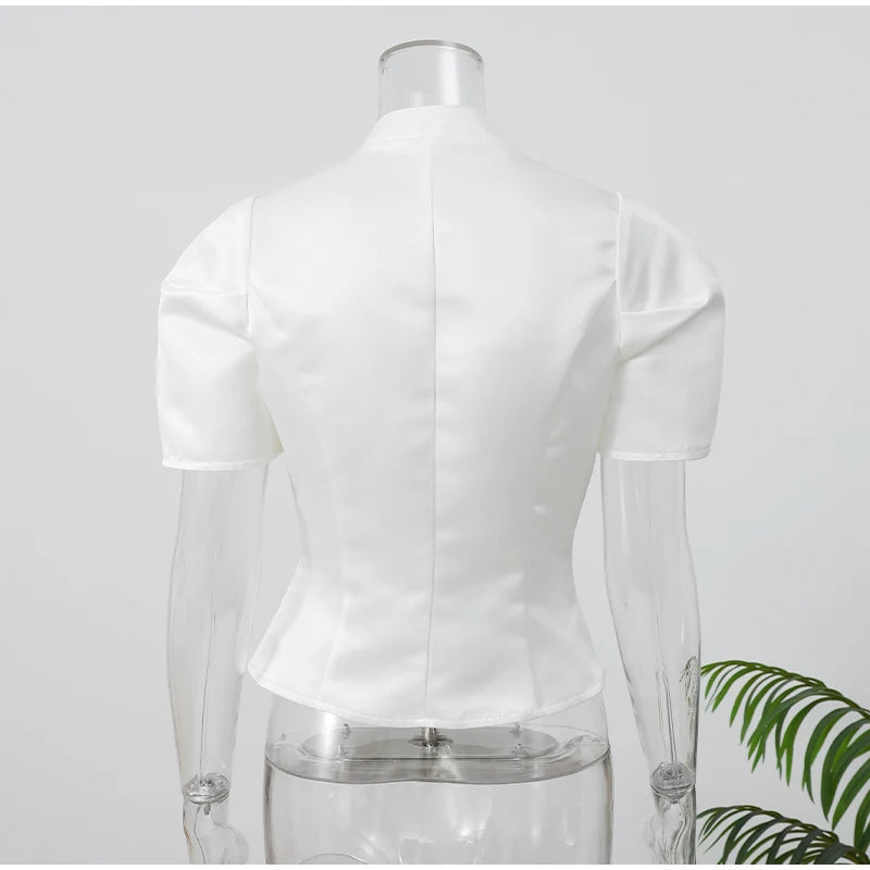 Chic White Lantern Sleeve Shirt Women Solid Stand Collar Stand Collar Slim Shirts Lady Casual Tops Commute Outwear 2026 New