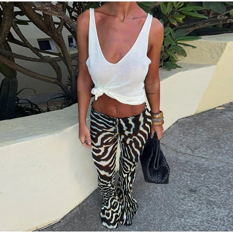 Women's Zebra Print Pants Set Casual V-neck Button Flowy Maxi Slip Top & Wide-leg Pants Lady 2026 Chic Beach Vacation Outfits