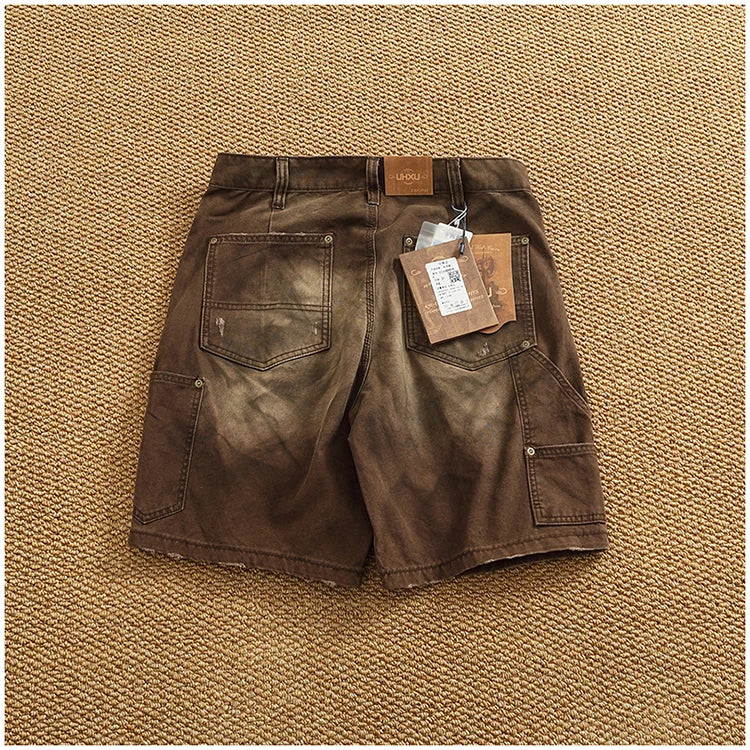 Heavy washing to do old shorts men high quality woven nail texture heavy cargo five quarter pants tide