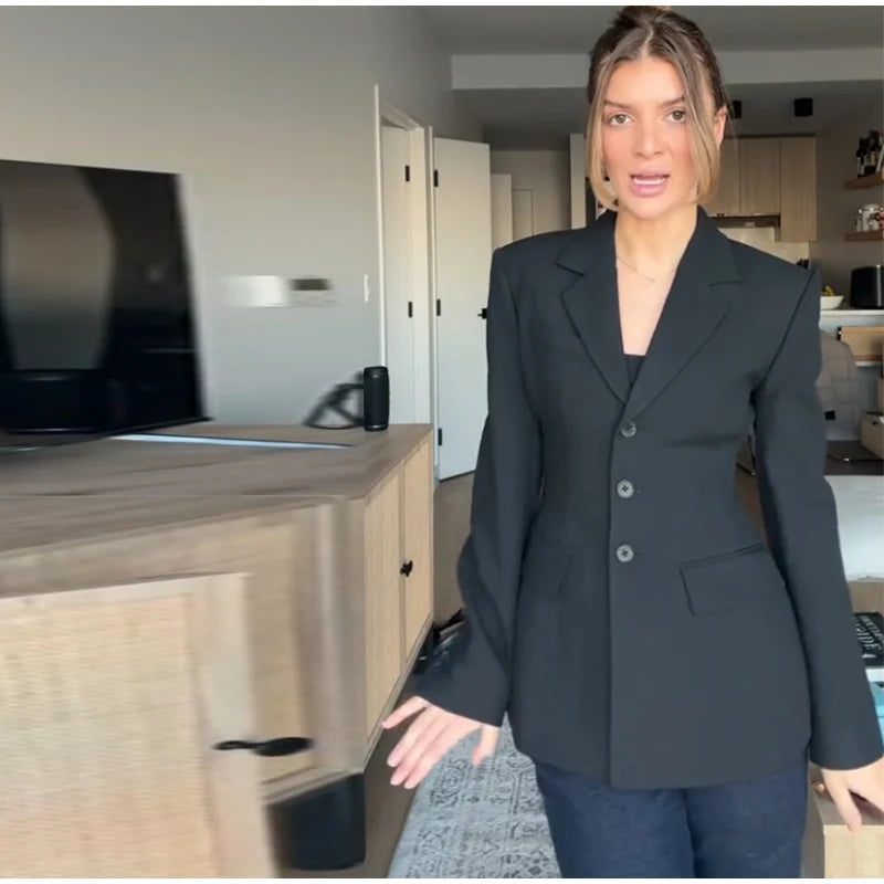 2026 Spring New Solid Lapel Blazer Jacket For Women Elegant Long Sleeve Waist Suit Coats Office Lady Chic Commute Tops