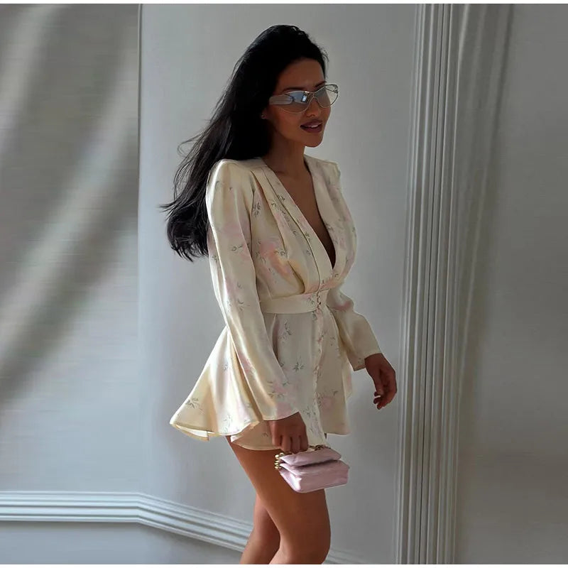 Print Women Dress Deep V Mini Dress Puff Sleeve High Waist Dress Two Piece Outfit With Waistband Elegant Slim Fit Outfit