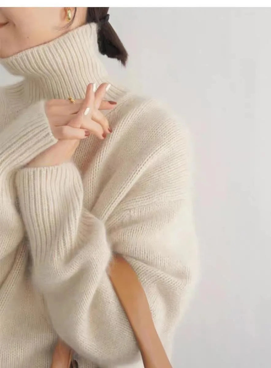 Autumn Winter Thick Loose Knitwear Sweater Tops Casual Turn Down Collar Long Lantern Sleeve Knitted Pullover Coats PYXA-dh70